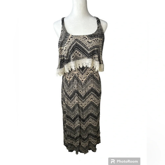 R2-D2 Apparel Cream Black Boho Maxi Dress With Lace racerback size medium‎ - Picture 1 of 4